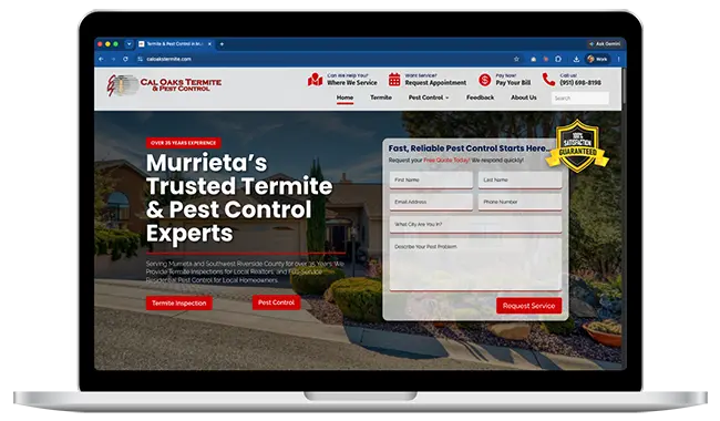 cal-oaks-termite-laptop-mockup-of-perris-web-design-for-hero-section pest control website laptop mockup for Perris web design page hero section