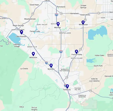 web design in Lake Elsinore service area map for Shared Graphics Web Design & SEO in Murrieta California