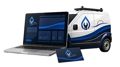 website business card and service van with the same branding designed by Shared Graphics branding service in Murrieta California