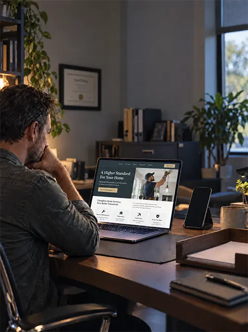 business owner sitting at his desk looking at his website wondering why it does not bring in business when it has no SEO or AISO built in by shared graphics web design