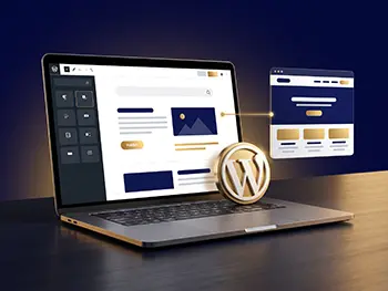 graphic of laptop screen showing wordpress web design by shared graphics web design and SEO