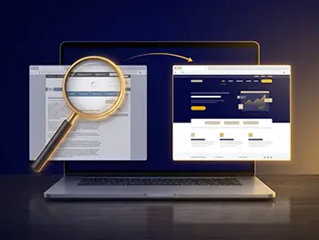 graphic of laptop showing research and a website redesign by shared graphics web design and SEO